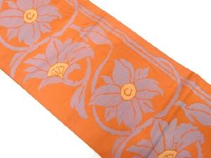 手織り紬　縞に花唐草模様織り出し　袋帯